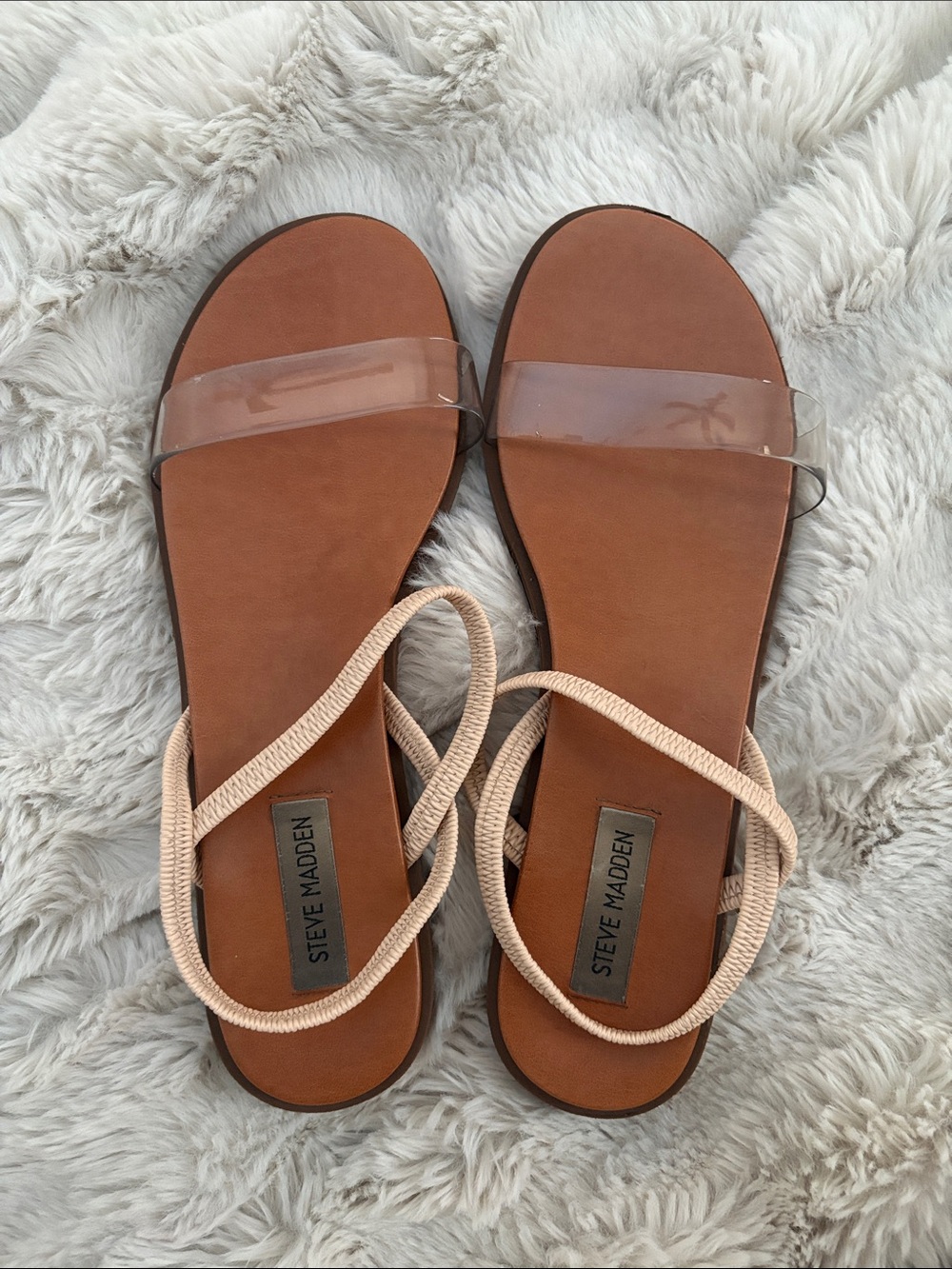 Steve Madden Tan Footbed Sandals with Clear Toe Strap and Nude Ankle Wrap